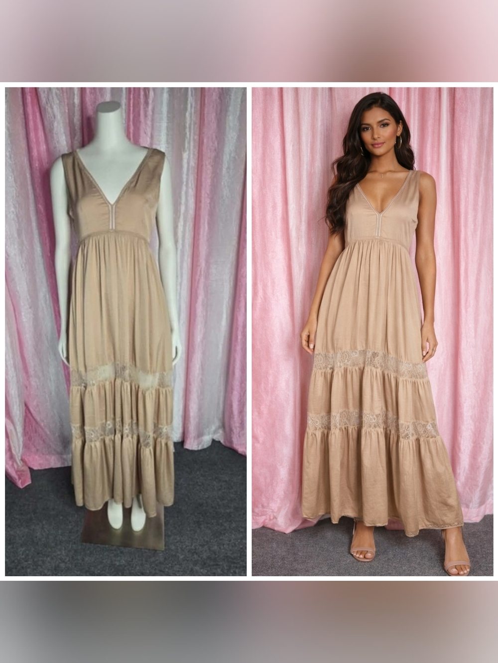 Forever 21 Rose Gold Lace Cottagecore Peasant Maxi Dress Size Small